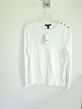 Lauren Ralph Lauren White Long Sleeve Top Brass Button Detail NWT